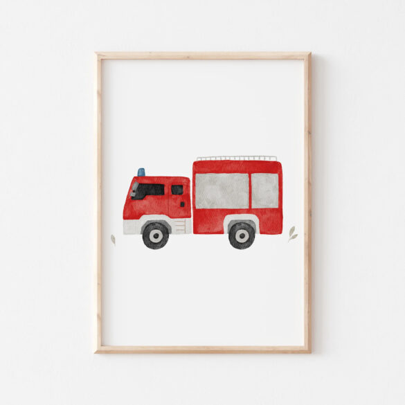 Affiche illustration enfant camion pompier a4