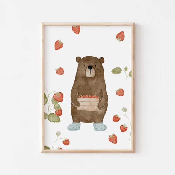 Affiche illustration enfant ours fraises a4