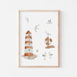 Affiche illustration enfant phare et mouettes a4