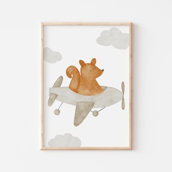 Affiche illustration enfant renard en avion a4